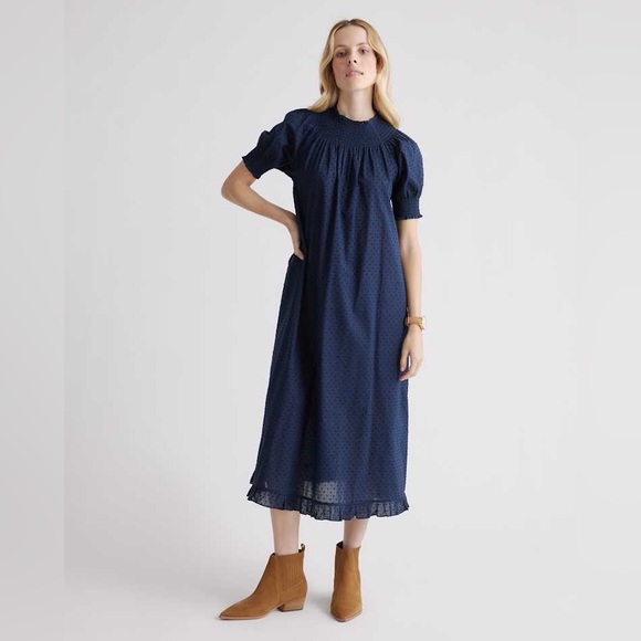Quince Dresses & Skirts - Quince Navy Swiss Dot Detailing Midi Size Large